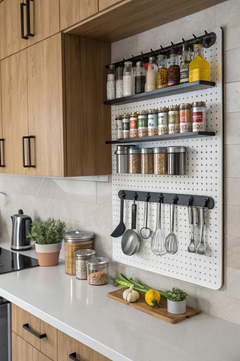 A wall-mounted pegboard provides versatile storage for protein mixers and accessories.