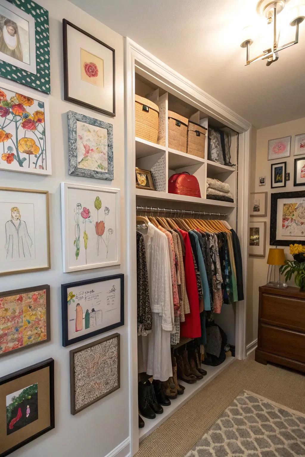 A closet incorporating artwork, transforming it into a personalized gallery.