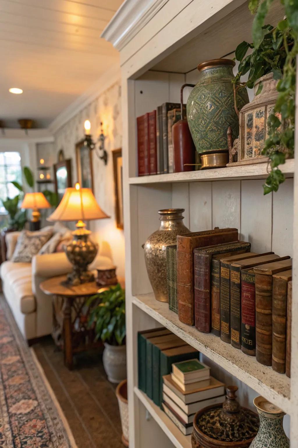 Vintage finds inject character and charm into shelf arrangements.