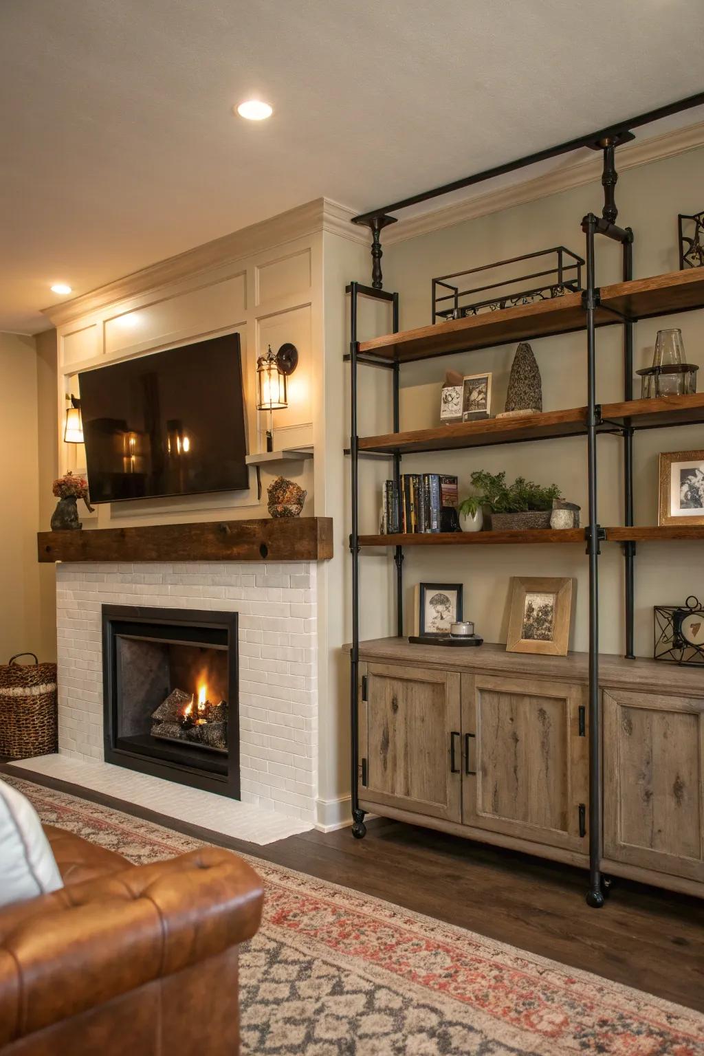 An industrial influence through metal shelving generates a rugged style.