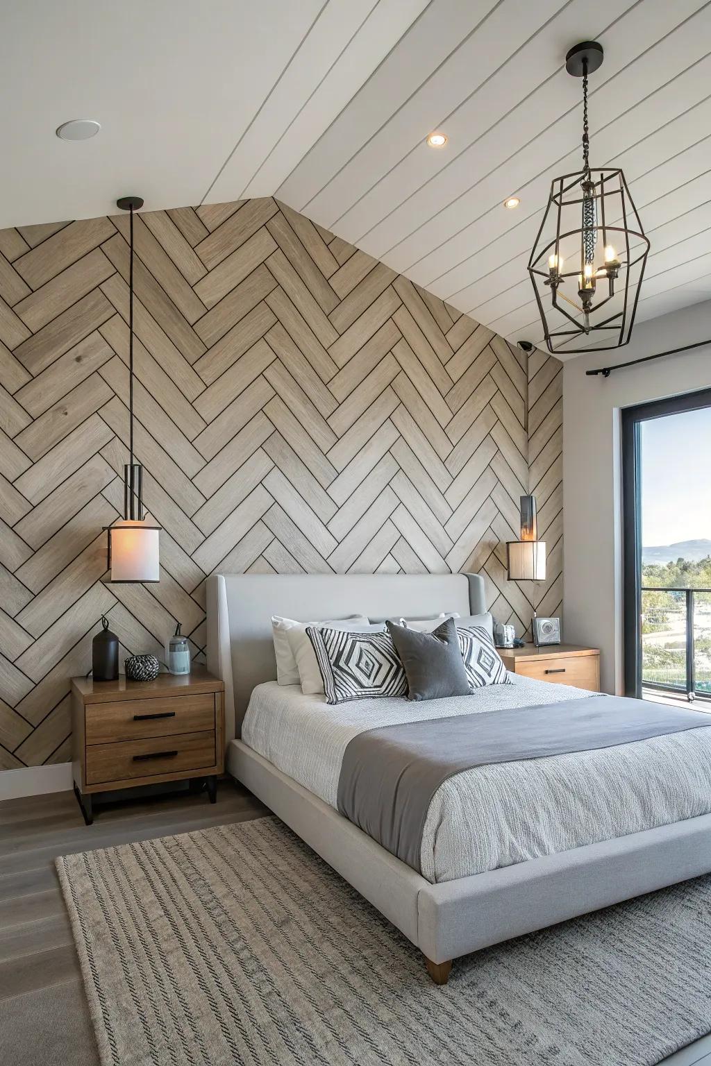 A modern, stylish twist introduced to your bedroom through chevron shiplap.