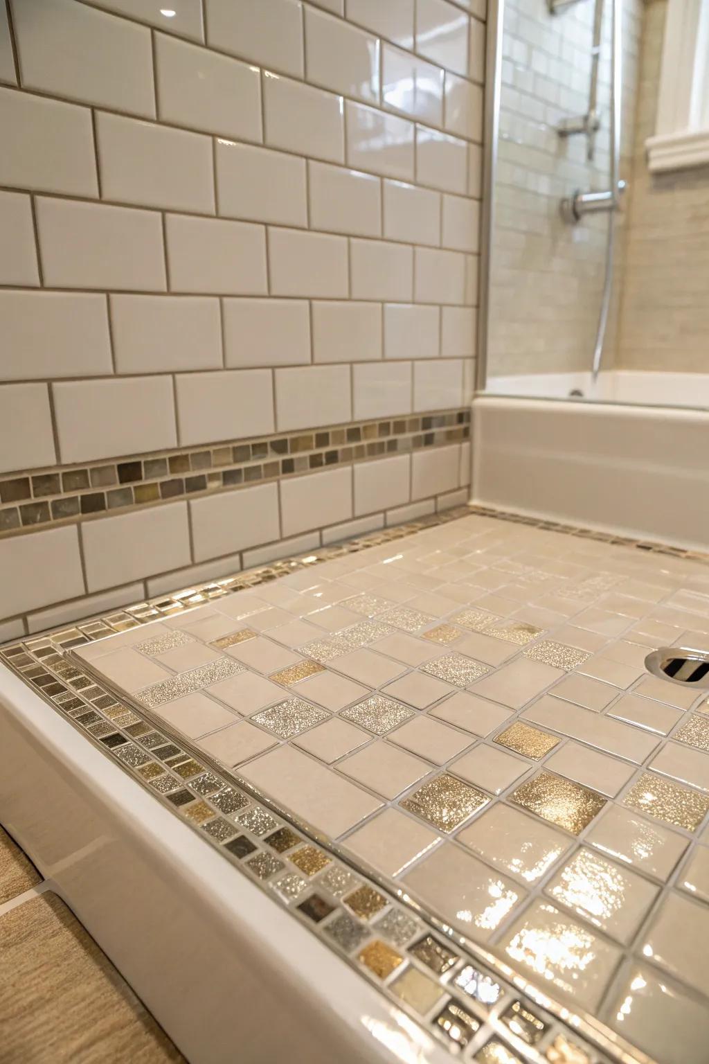 Subtle metal touches on tiles add a touch of glamour and class to this shower base.
