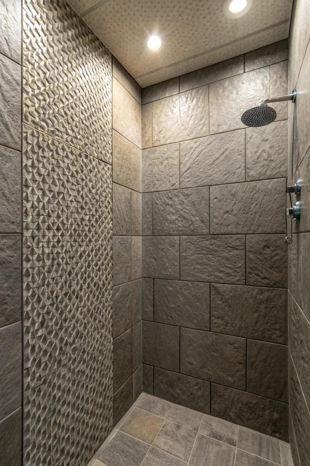 Grey tiles featuring texture for a singular shower sensation.