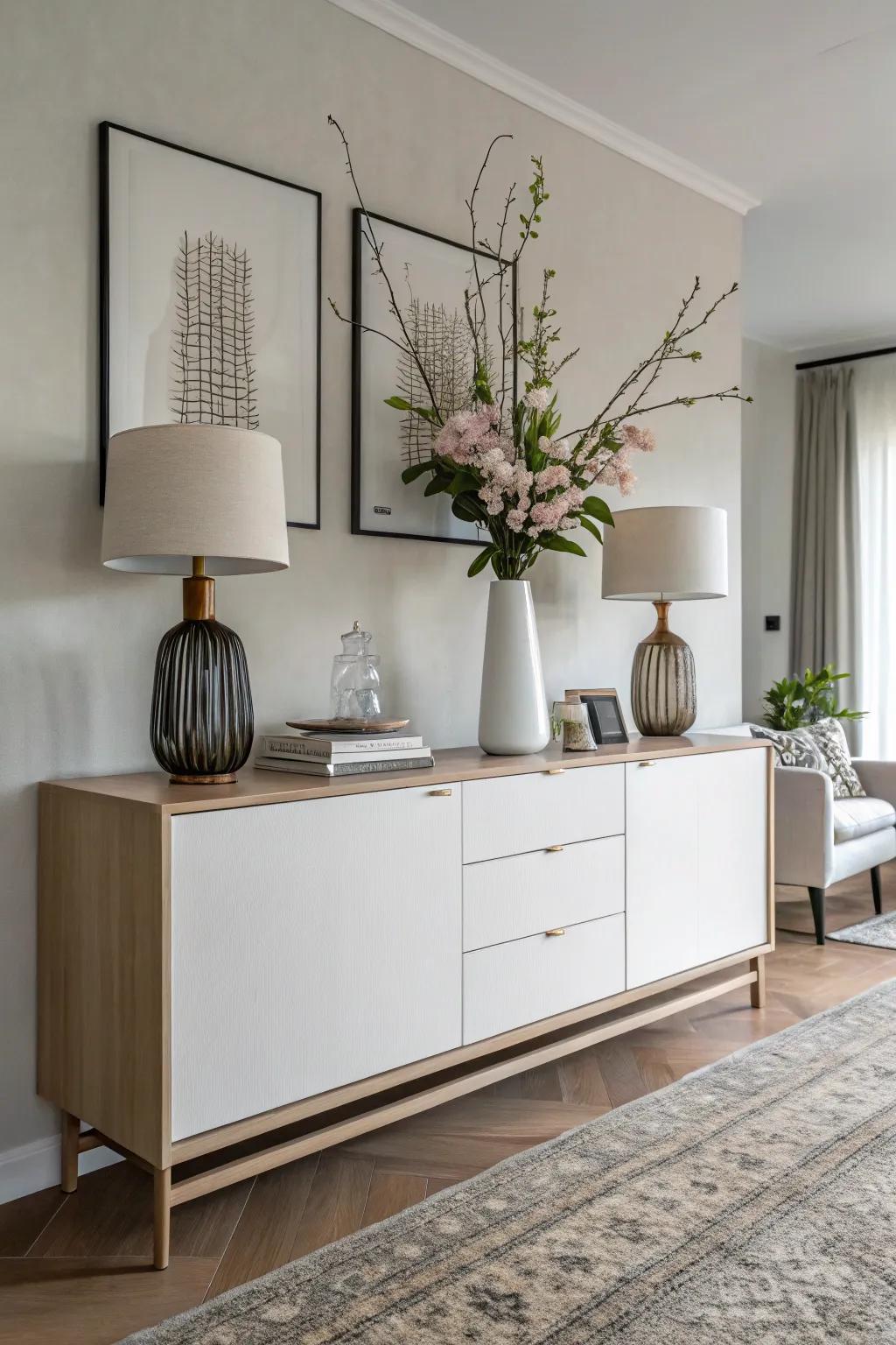 Minimalist elegance on a credenza creates a sophisticated and serene atmosphere.
