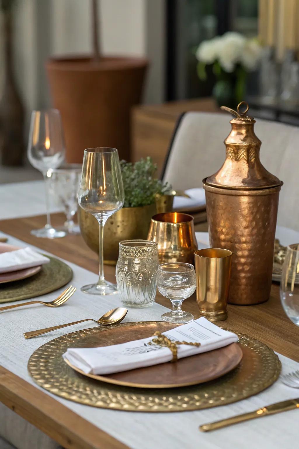 Metallic accents elevate the dining setting.