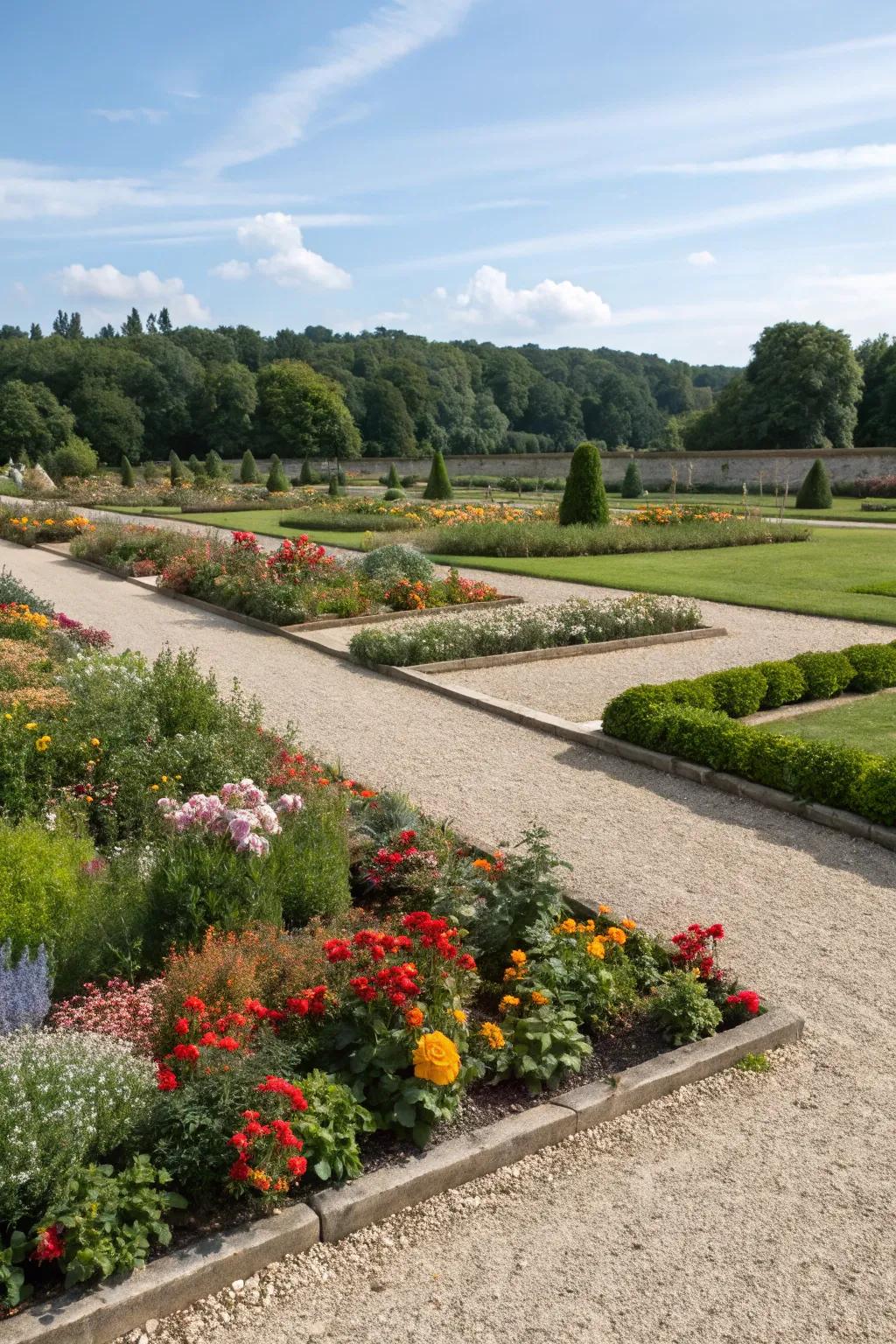 Stone paths provide practical walkways and add texture to this flower bed.