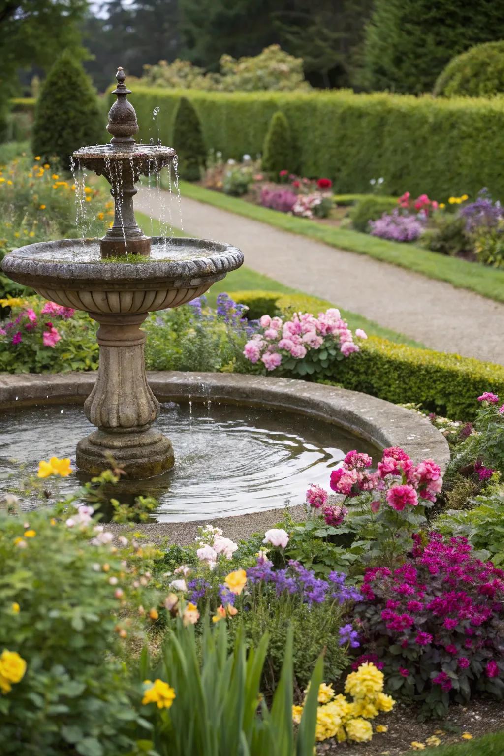 A peaceful garden with a small fountain enhancing the ambiance.