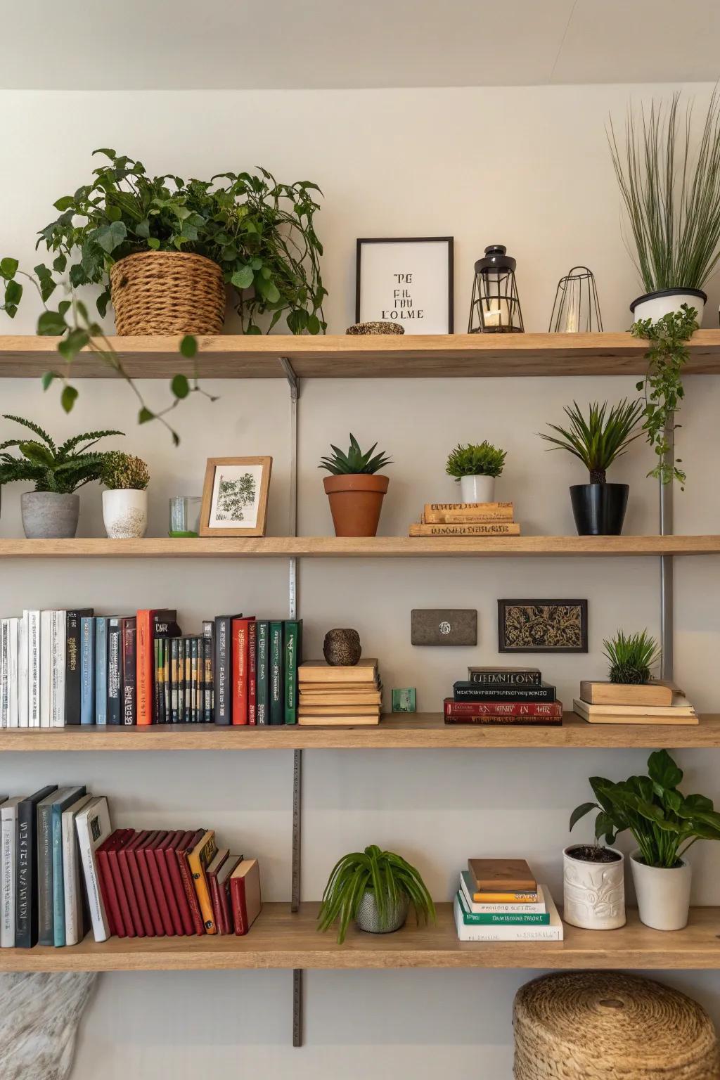 Open shelving combines storage solutions with decorative display opportunities.
