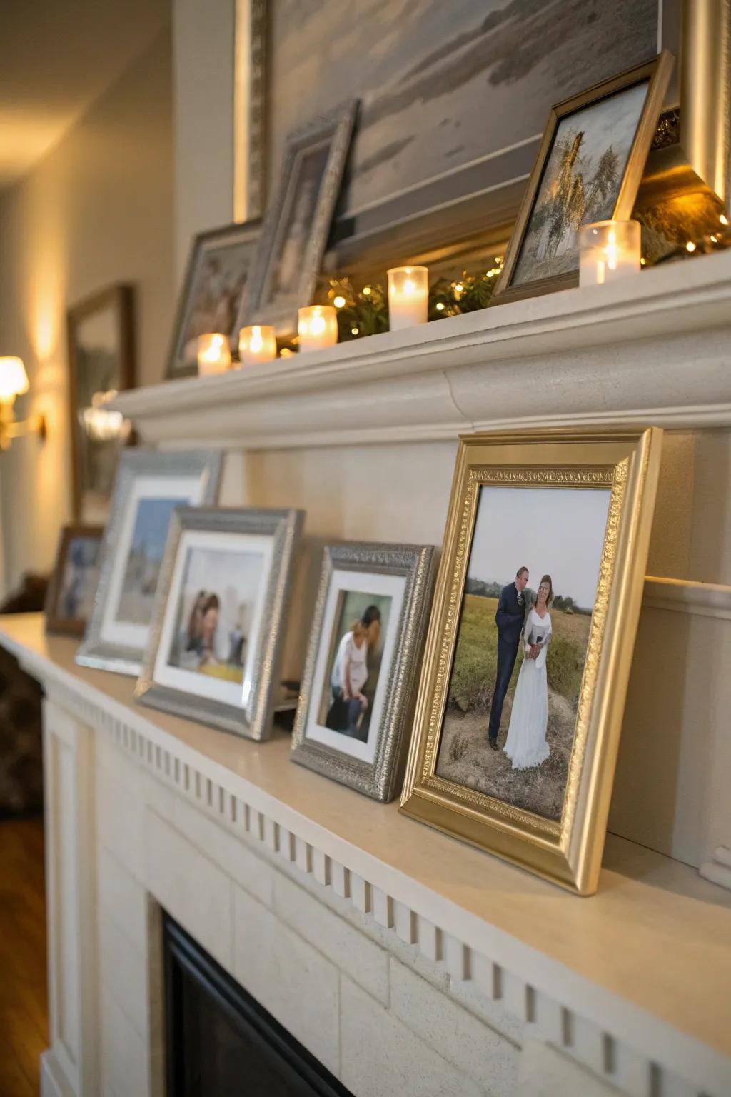 Personal portraits attach warmth and character to this mantel.