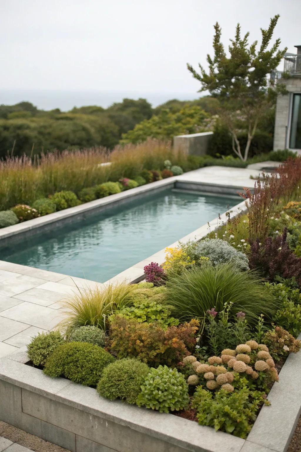 Layered plants add depth and feel to the pool landscape.