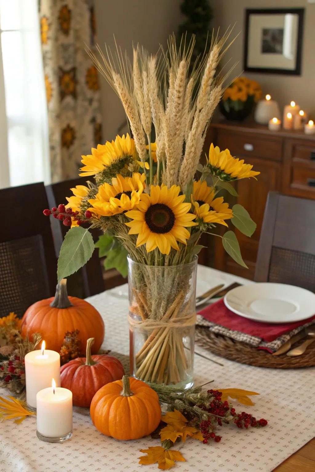 Wheatgrass stems inject an autumnal texture into sunflower arrangements.