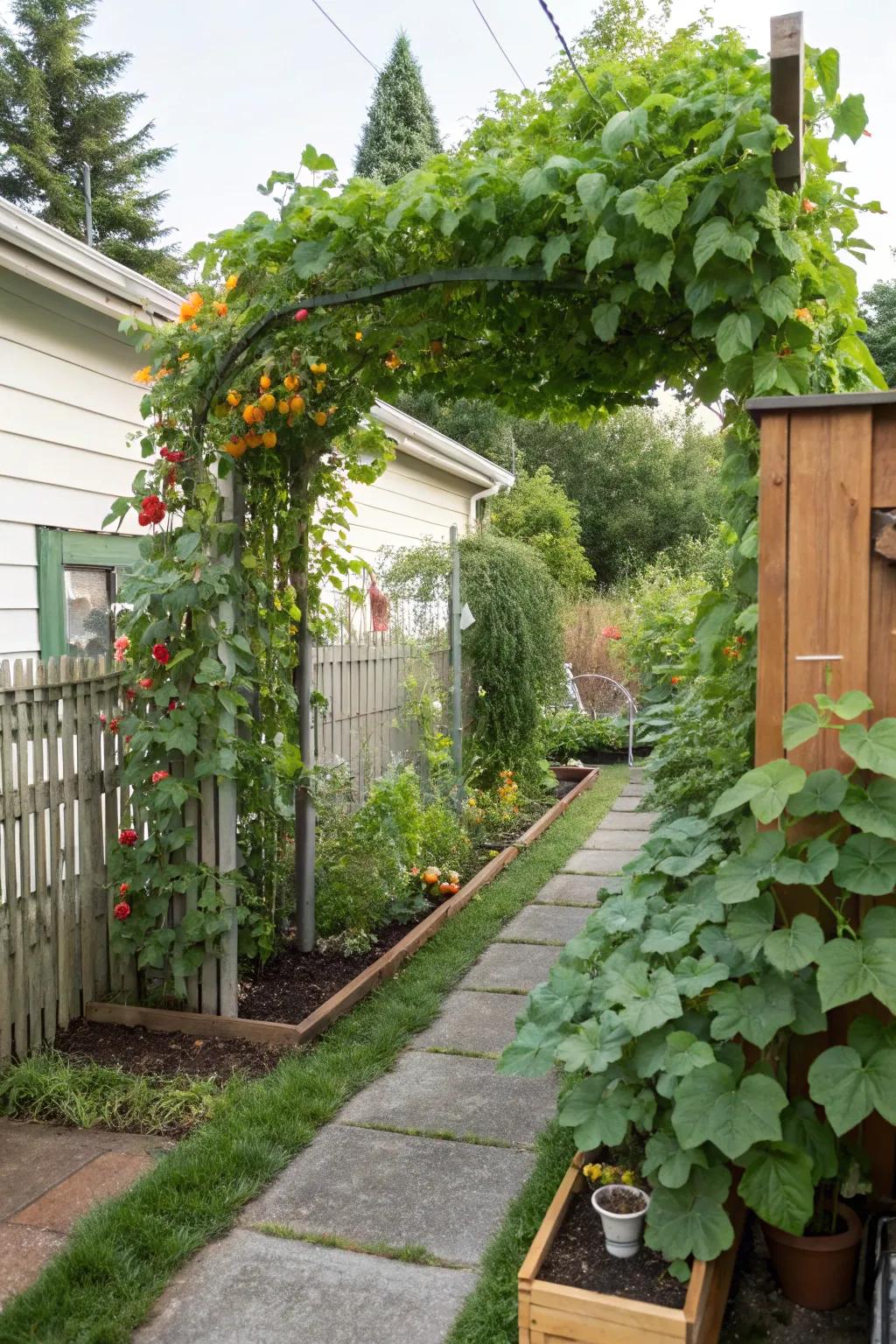 Growing vertically makes efficient use of area for a productive garden.