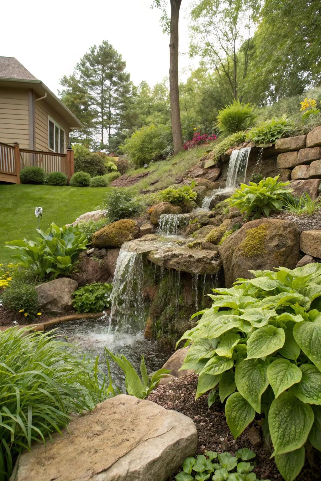 A slopeside cascade improves the organic appeal of your garden.