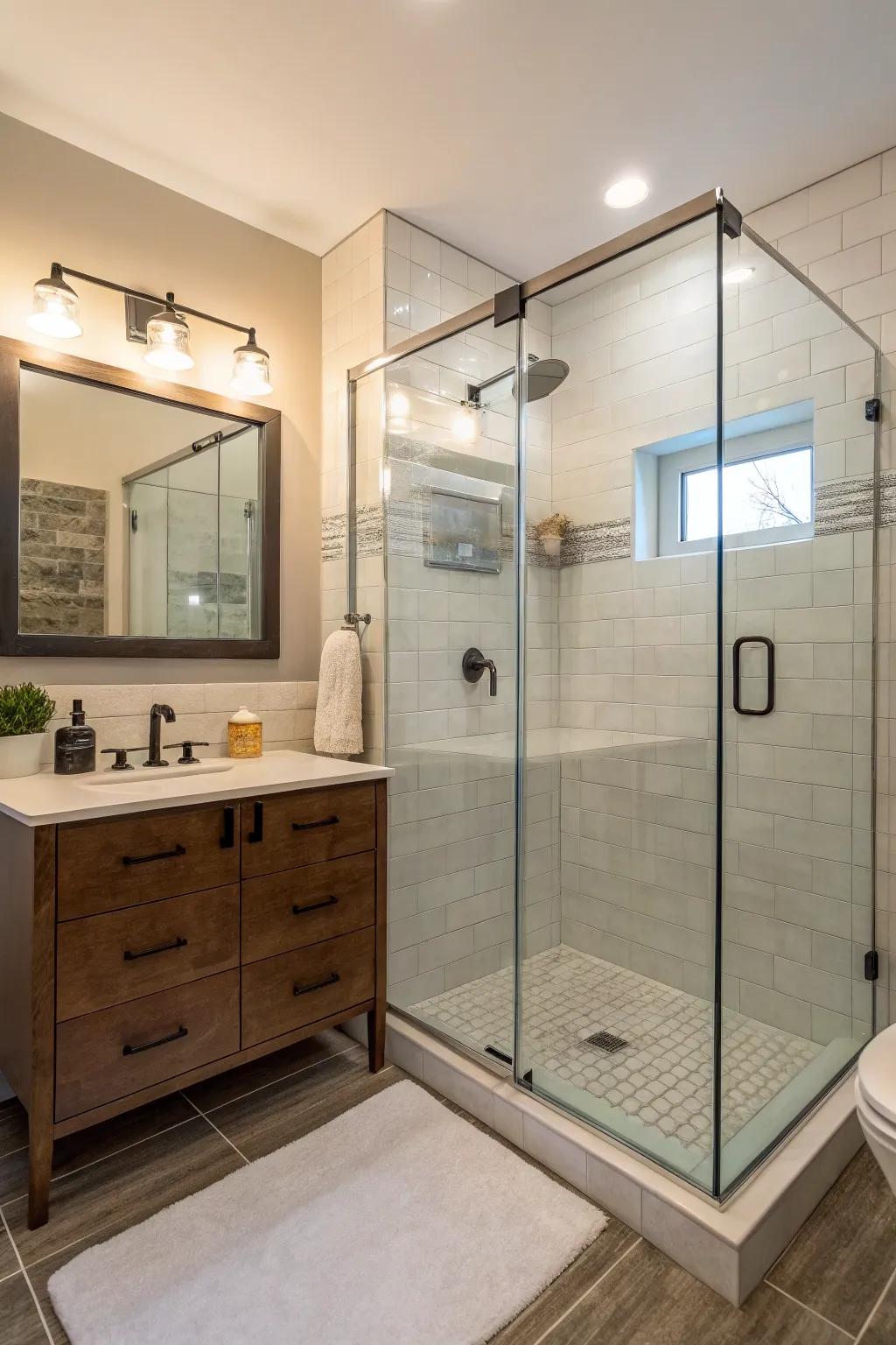 A frameless shower enhances openness in a small bathroom.