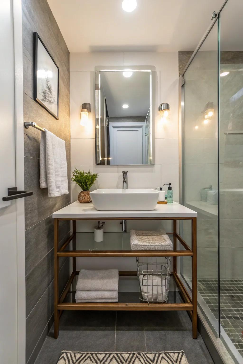 An irregular vanity that introduces a unique and contemporary flair to a small bathroom.