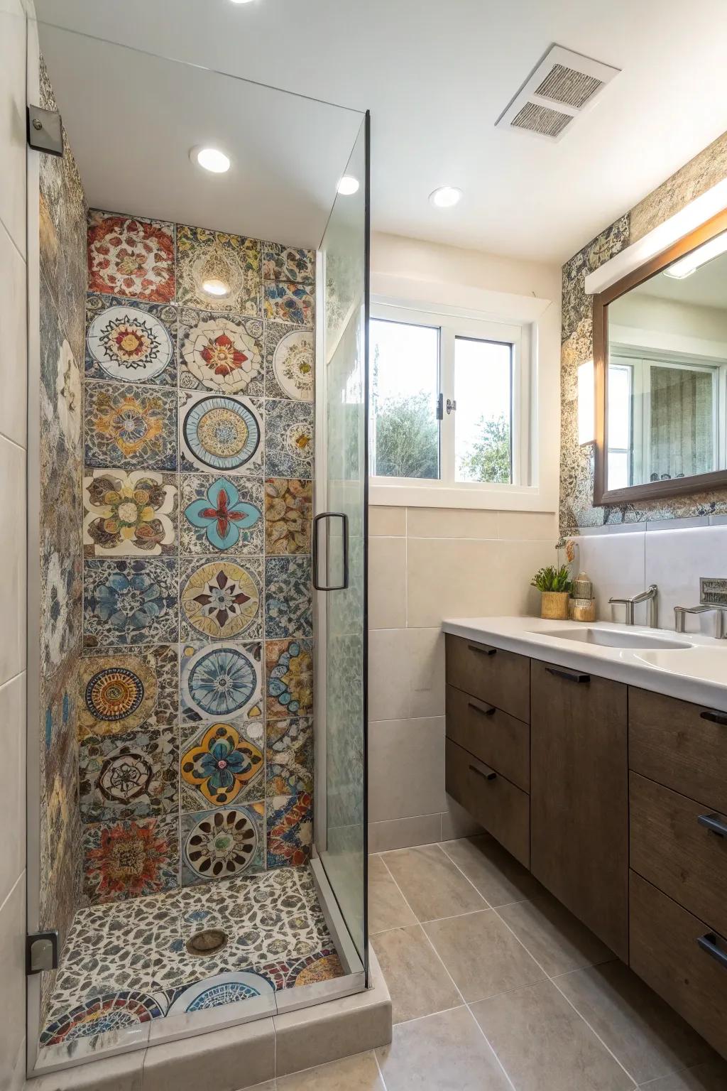 Mosaic tiles bring texture and interest to shower areas.