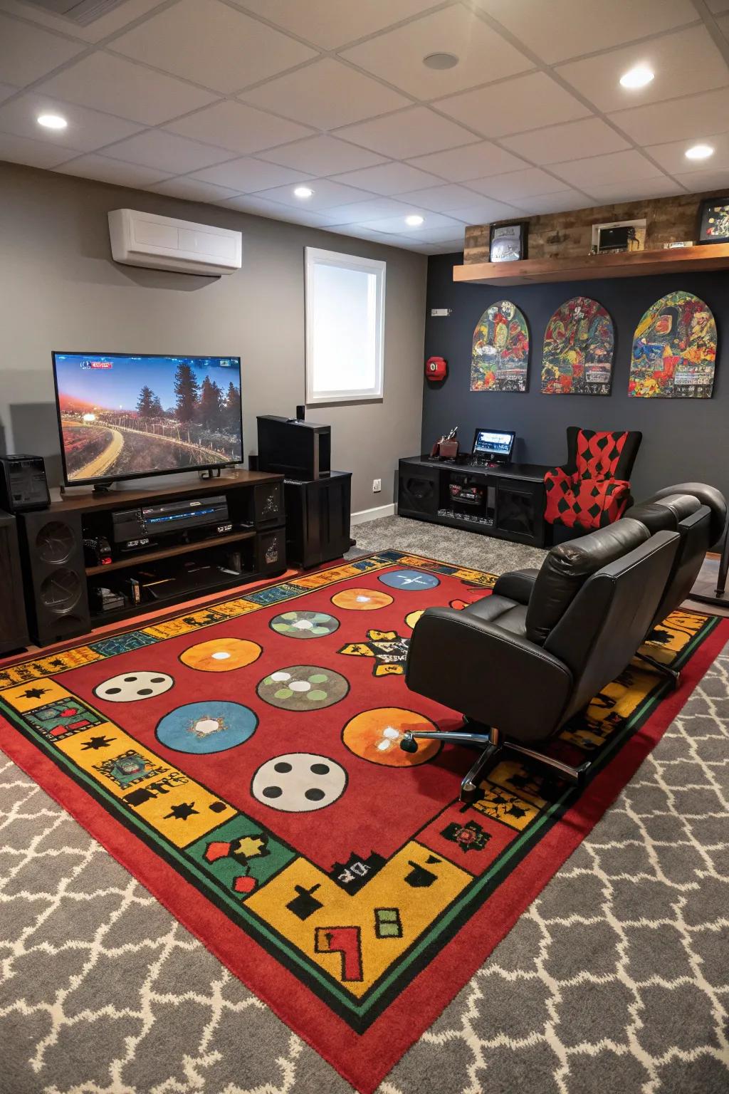 Rugs that match add a feeling of connection to your gaming room.