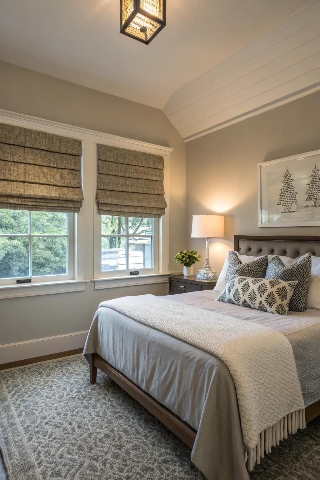 A compact bedroom showcasing space-saving and stylish window coverings.
