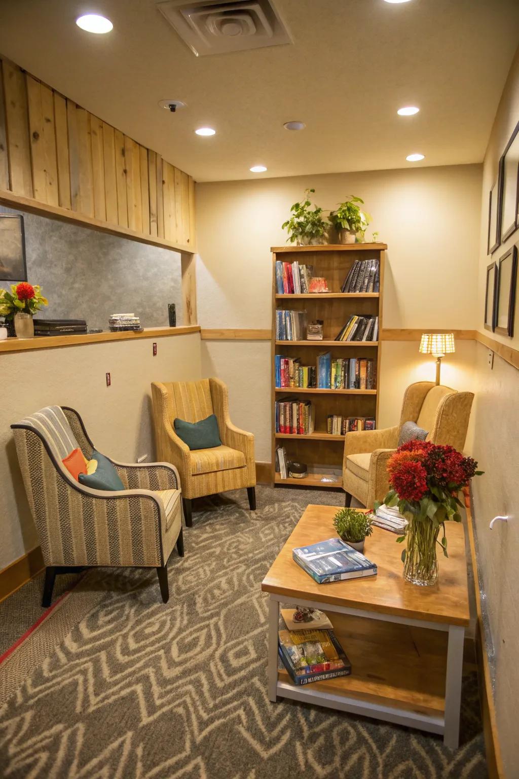 A social seating arrangement encourages connection in this intimate cigar room.