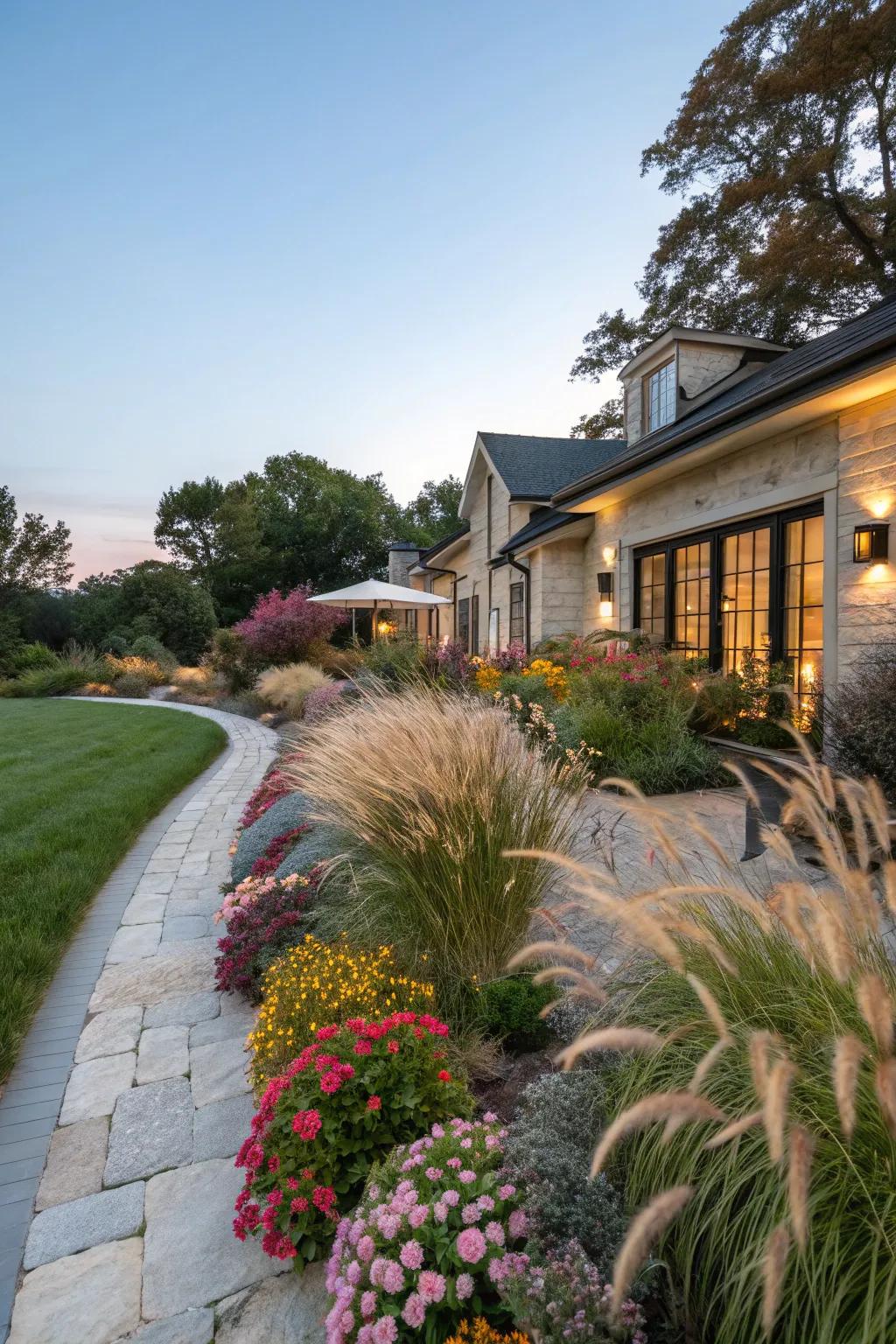 Add elegance and movement using ornamental grasses.