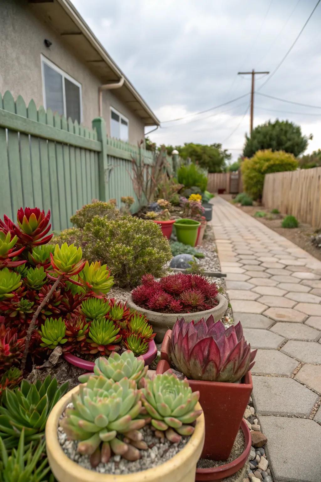 Colorful succulent arrangements extend a minimal-maintenance presentation.
