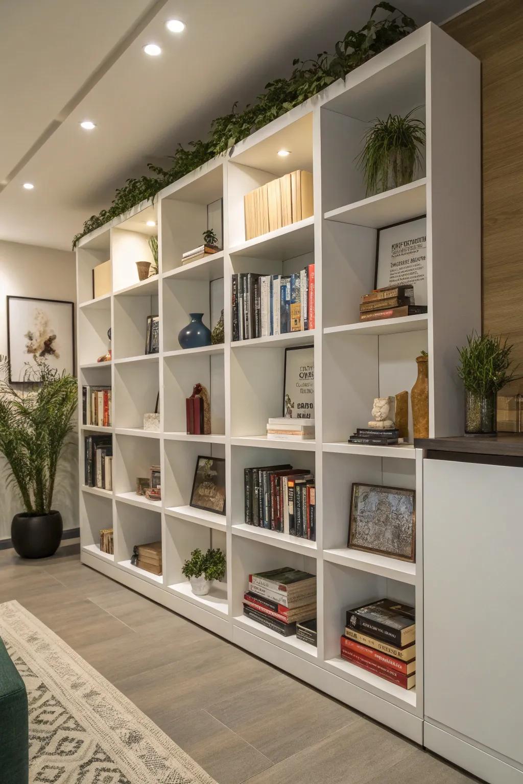 Modular shelving conforms to your growing book assortment.