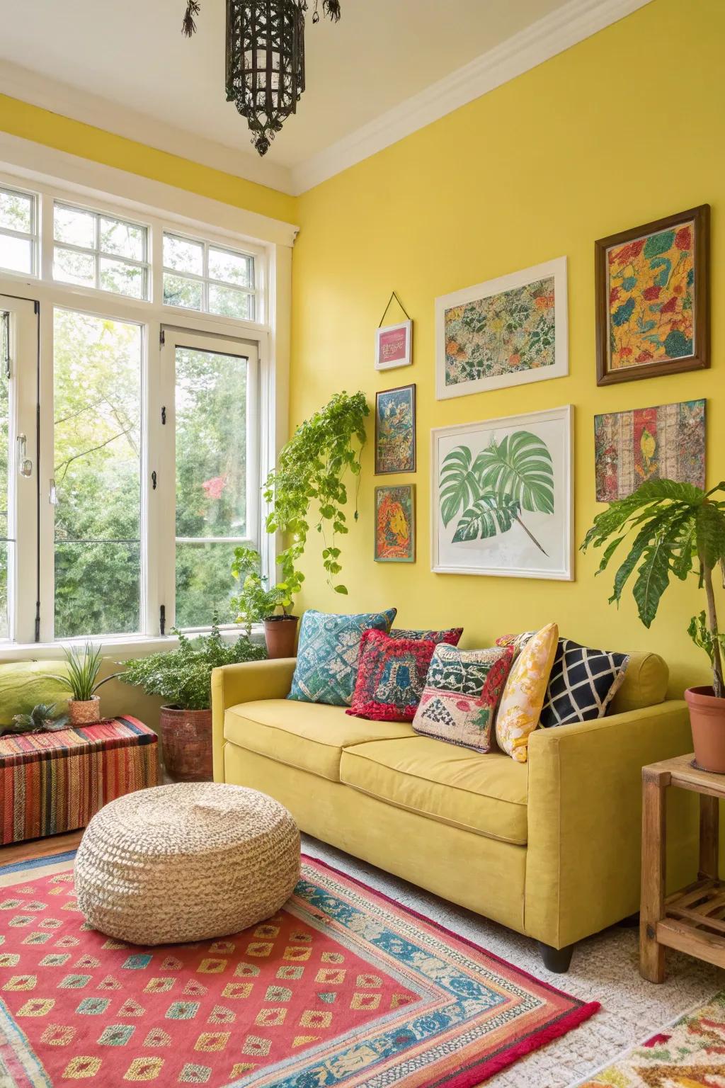 A small living room using lemon walls for a fresh burst.
