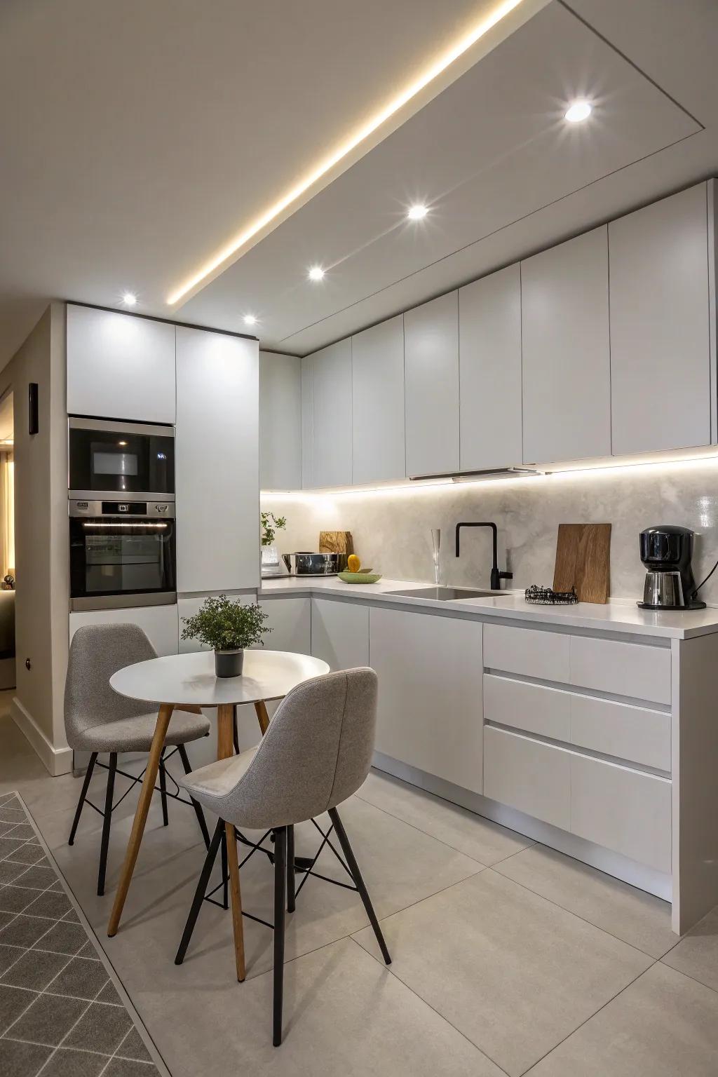 Hidden lighting features ensure a streamlined, modern aesthetic in small kitchens.