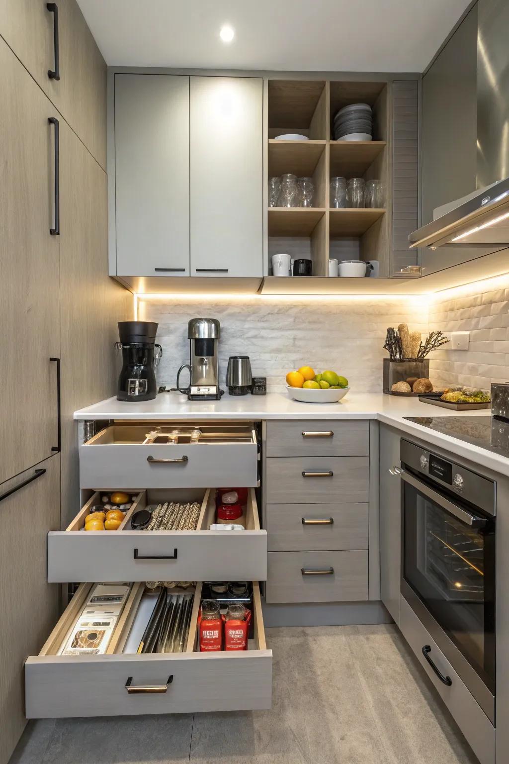 Concealed storage keeps your kitchen tidy and efficient.