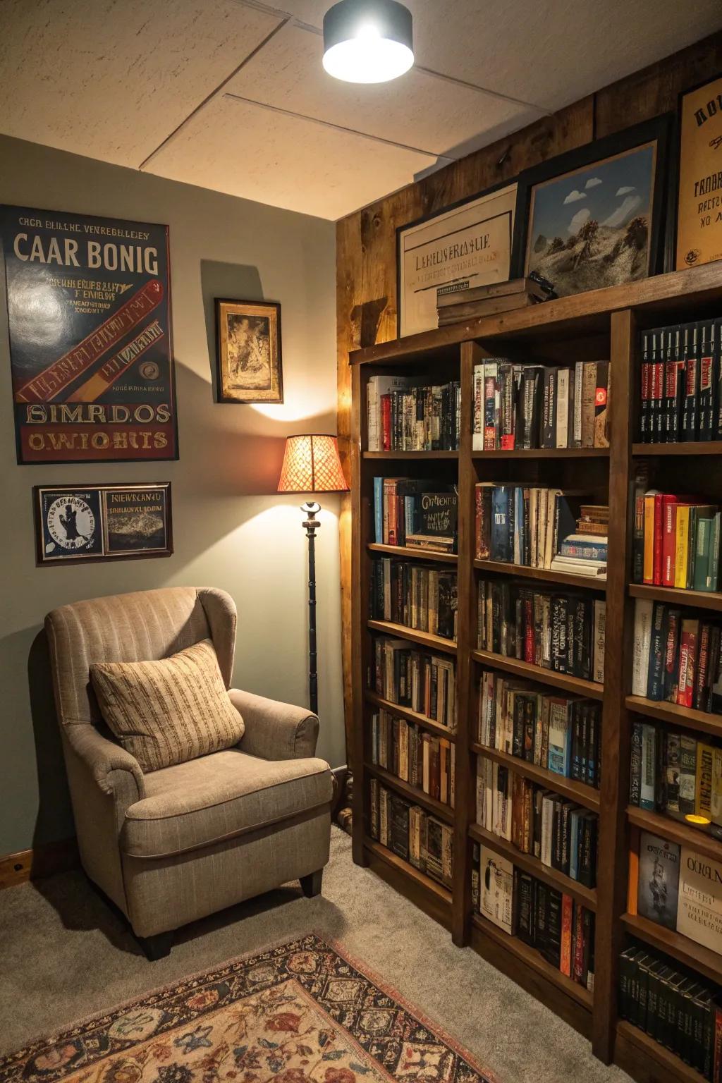 A bookshelf creates a place to escape into books, adding character and depth.