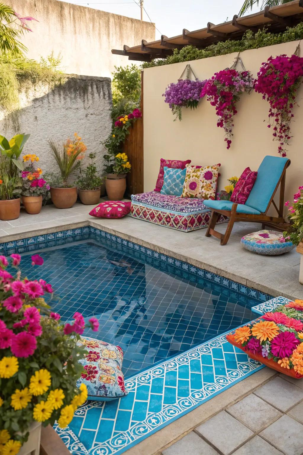 Bold colors making a pool area vibrant and joyful.