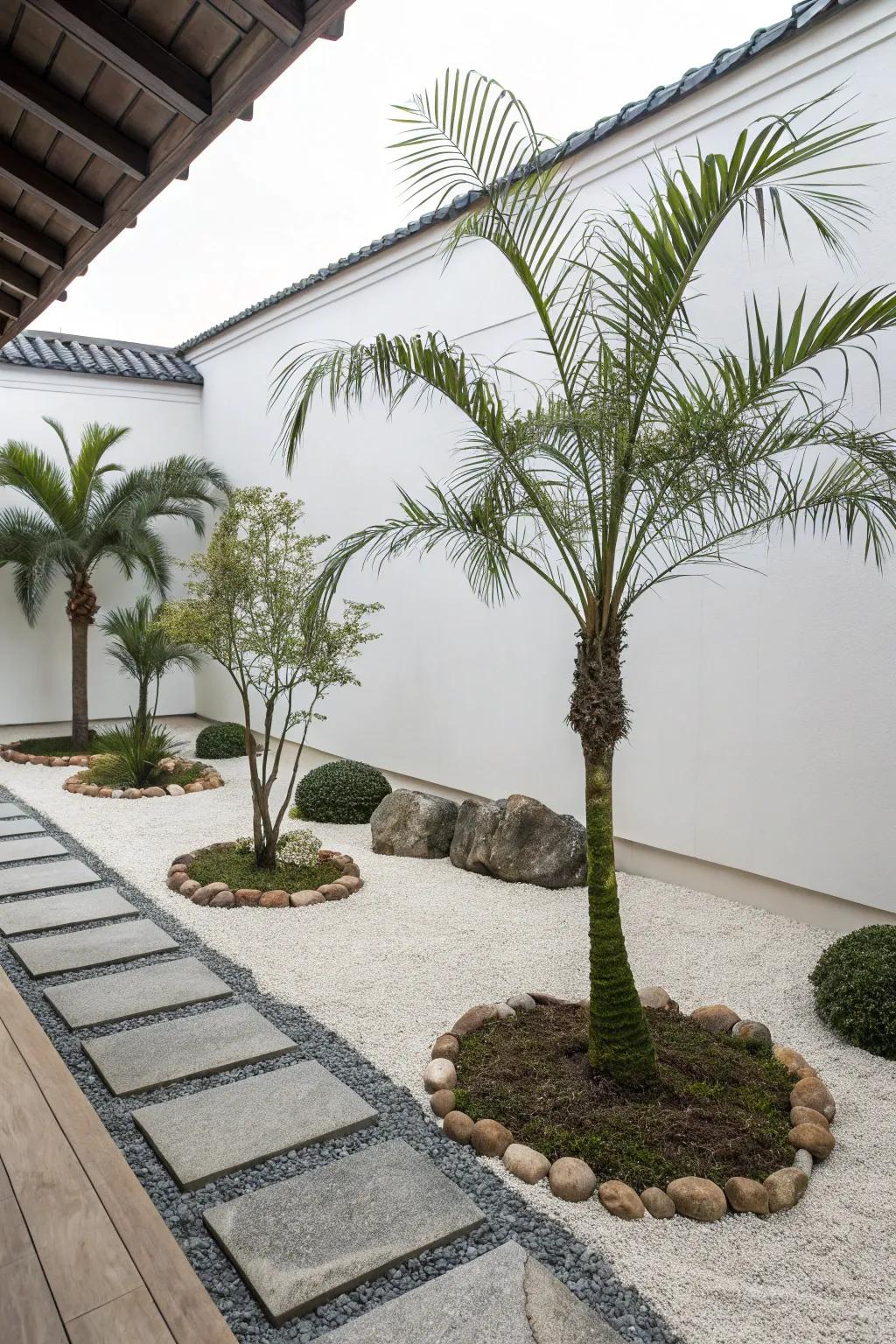 A zen garden with palms offers a calm and minimalist escape.