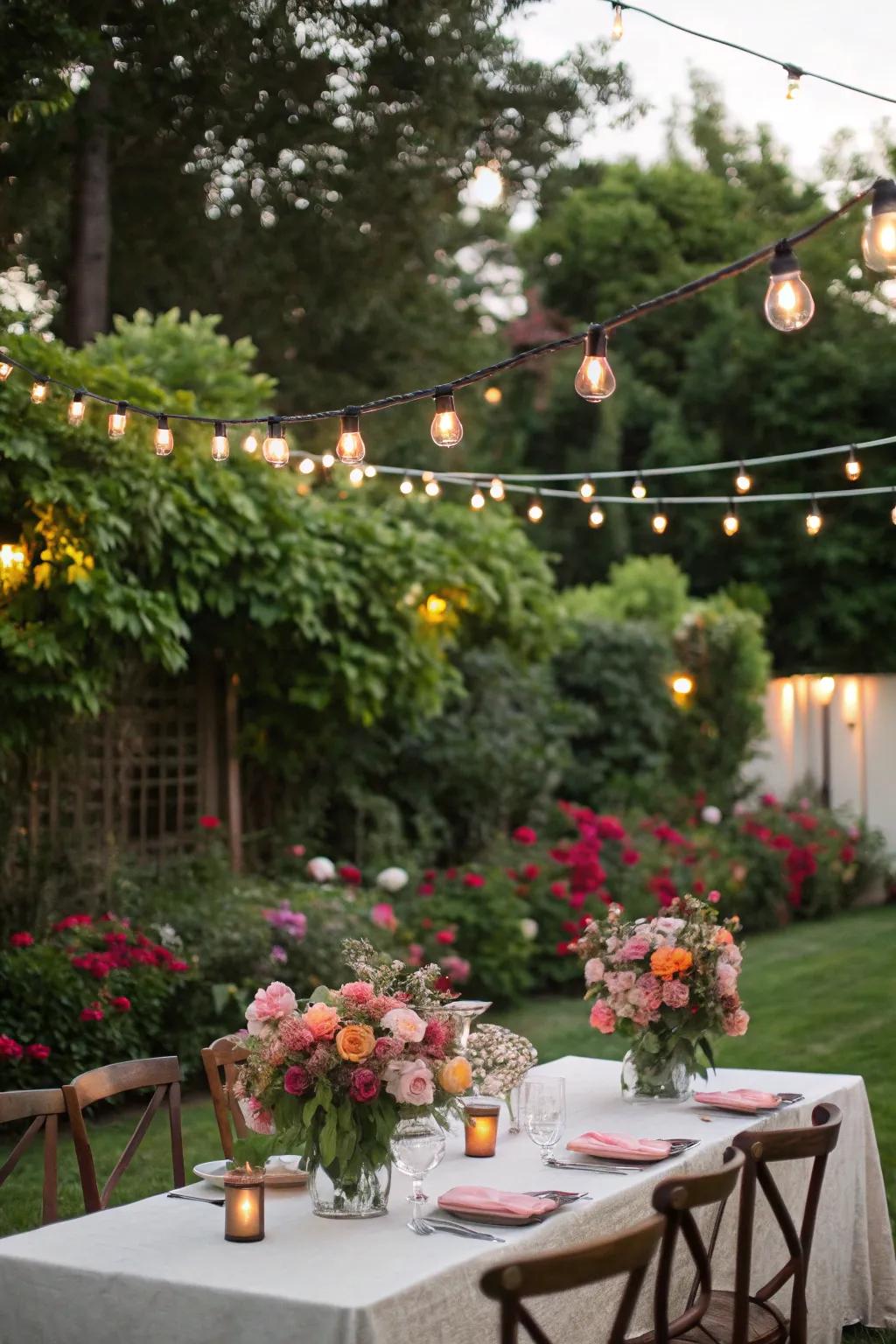An exterior garden festivities arrangement featuring lights and floral decor.