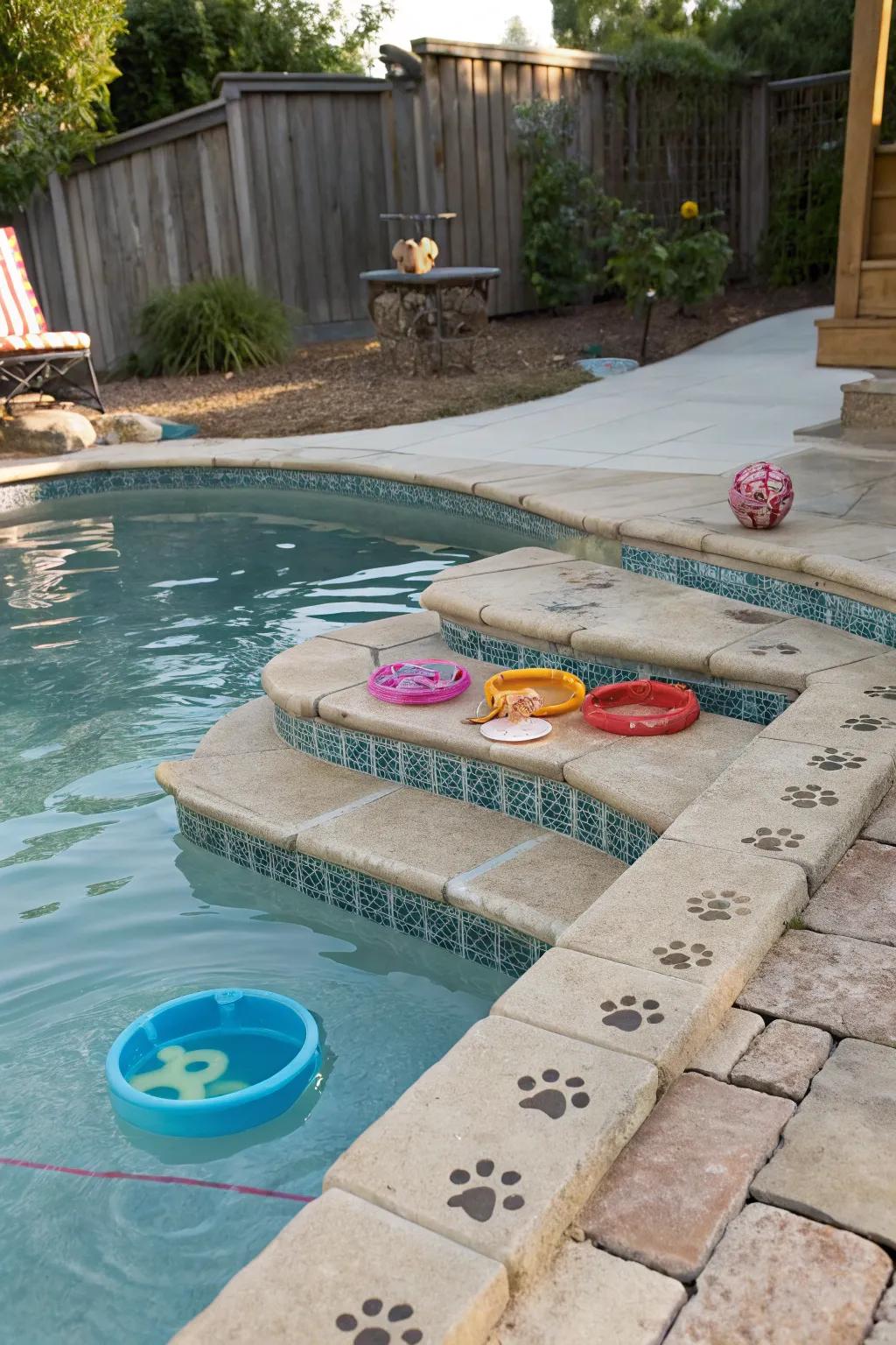 An animal-friendly pool featuring shallow ledges for safe swimming.