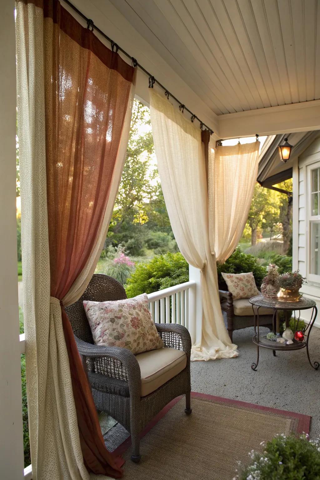 Draped fabrics offer a textured and inviting porch experience.