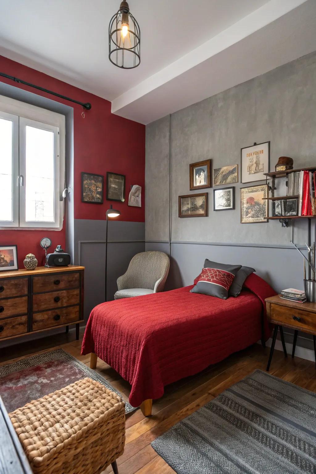 A small bedroom featuring vintage finds with a modern panache in a crimson and ash-grey theme.