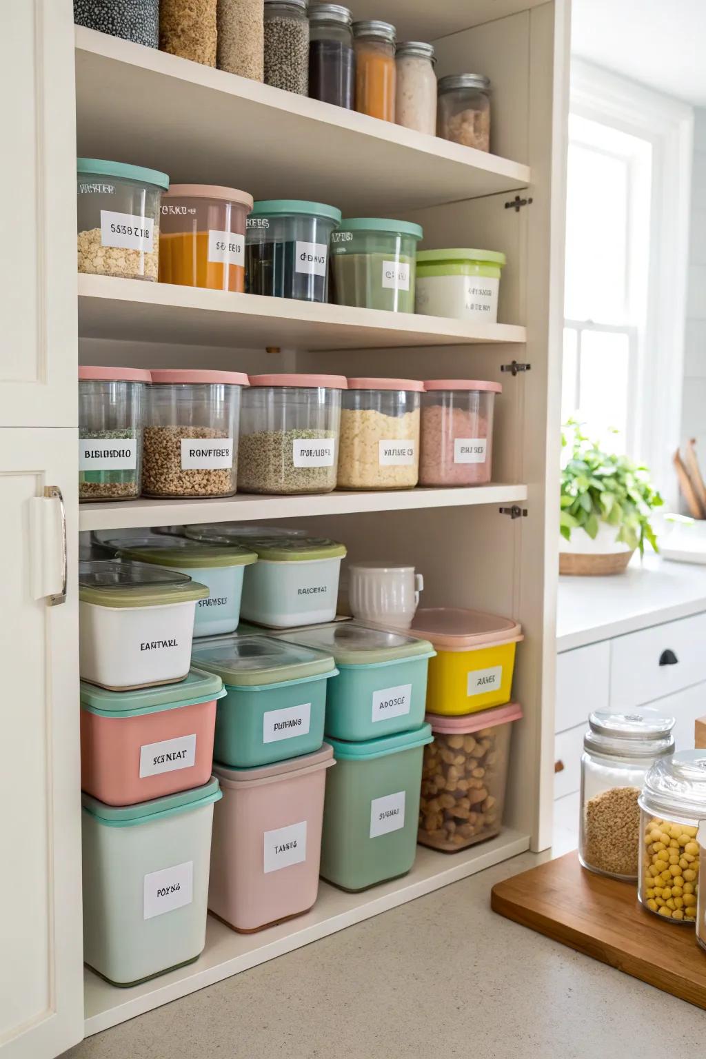 Stackable containers in a pantry keep items organized and accessible.