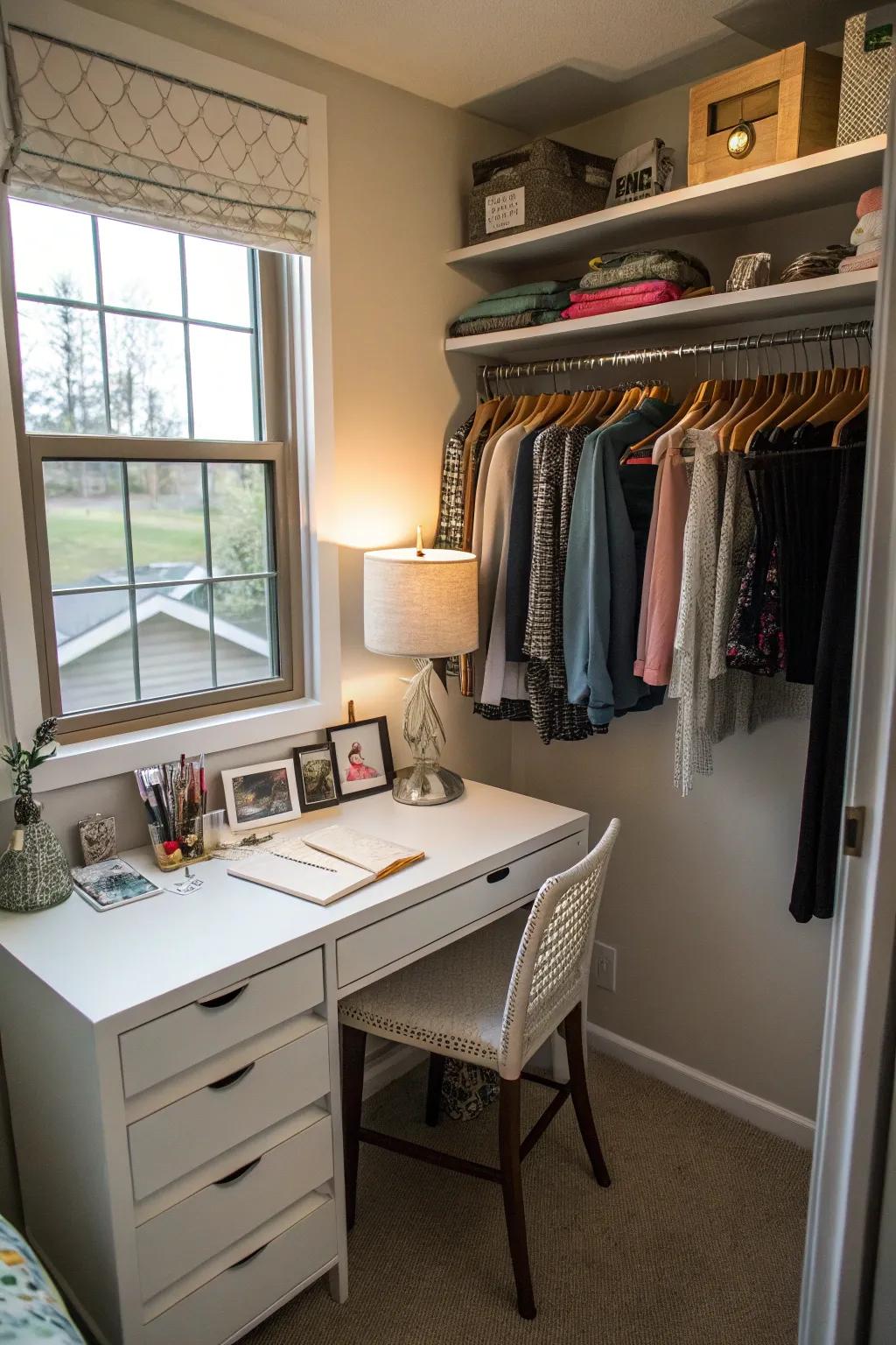 A small desk transforms the closet into a multifunctional area.