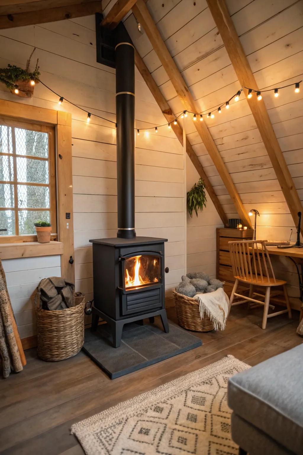 A compact wood heater in a loft offers a snug and warm retreat.