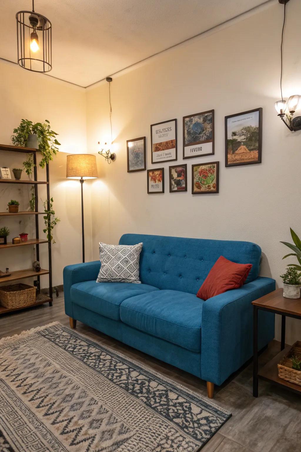 A sofa in a bold color enlivens a compact living area with its striking presence.