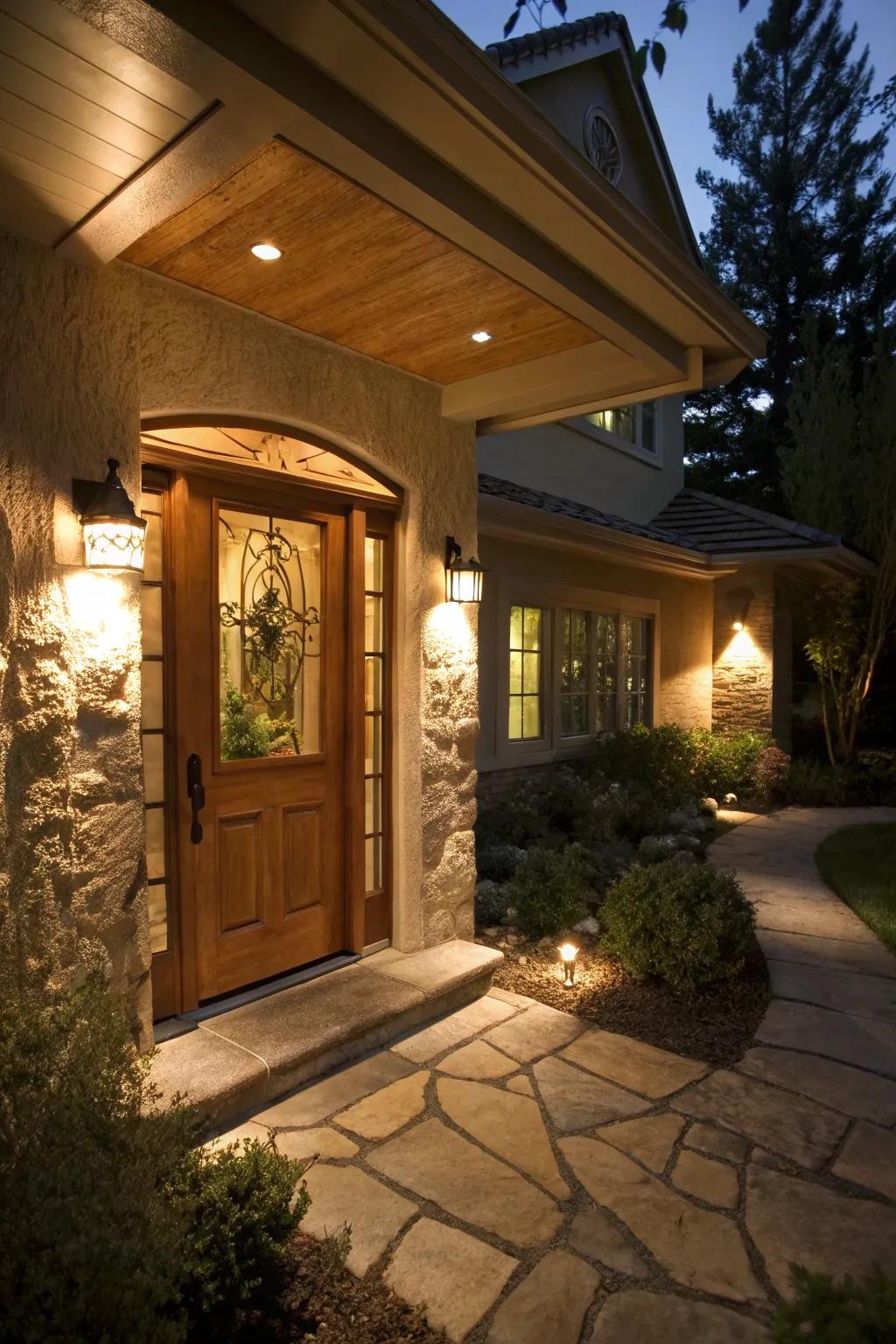 Hidden lighting warmly guides visitors to a home's entrance.