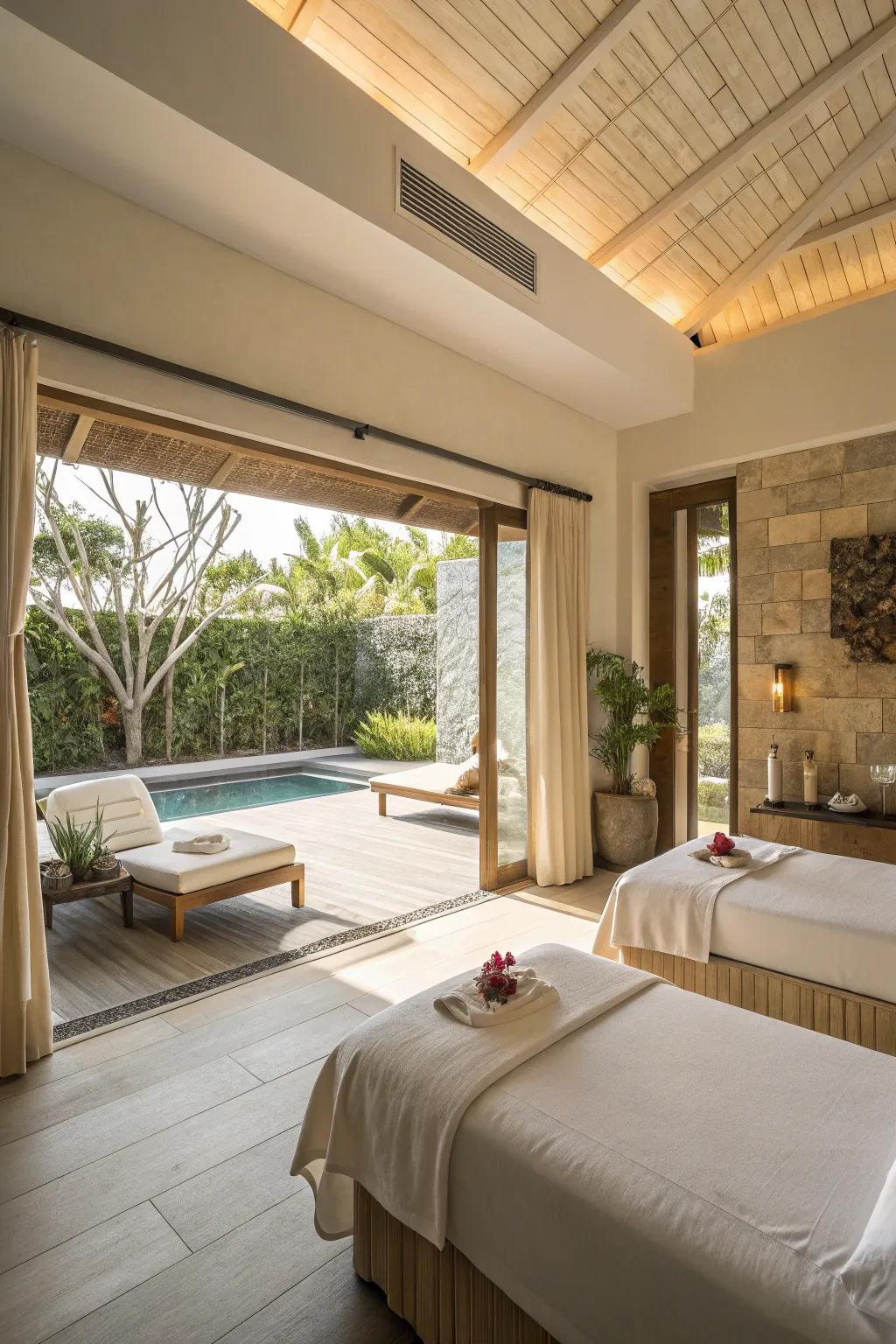 Create an airy and expansive spa with a spacious layout.