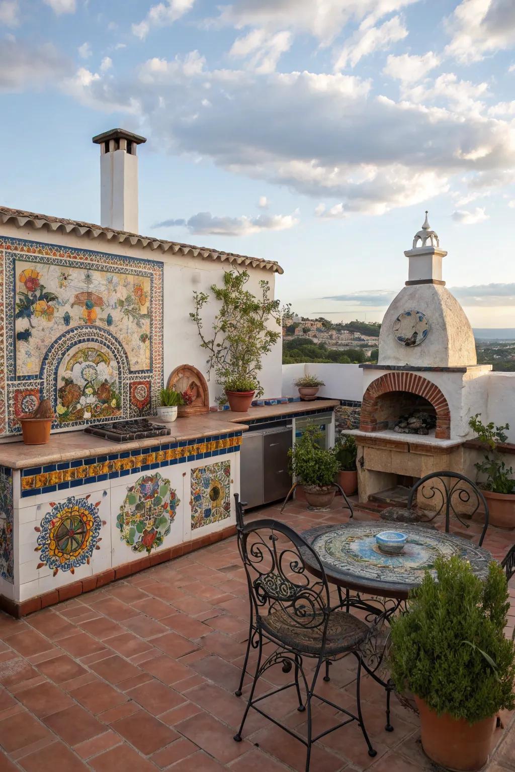 Beautiful mosaic artwork adds a colorful and personal touch to this outdoor kitchen.