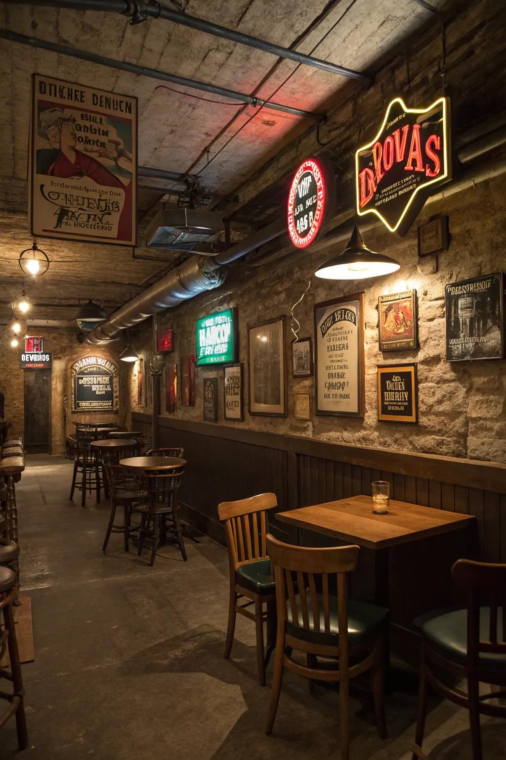 Vintage signage enhances the genuine feel of your speakeasy.