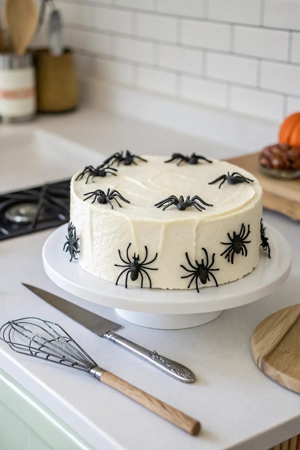 Consumable figures render this spider cake both delicious and decorative.