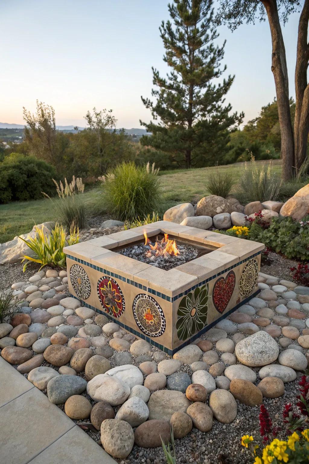 Mosaic details add artistic flair to fire pits.