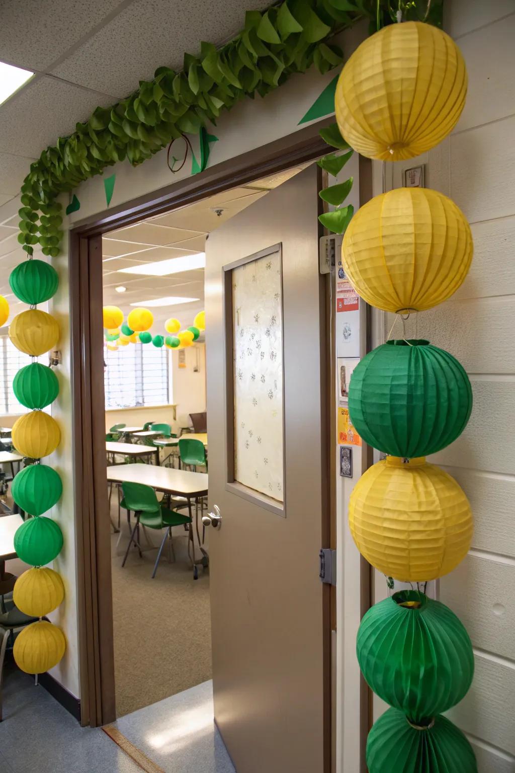 Verdant and gilded lanterns suspended near a classroom entrance, creating a celebratory glow.