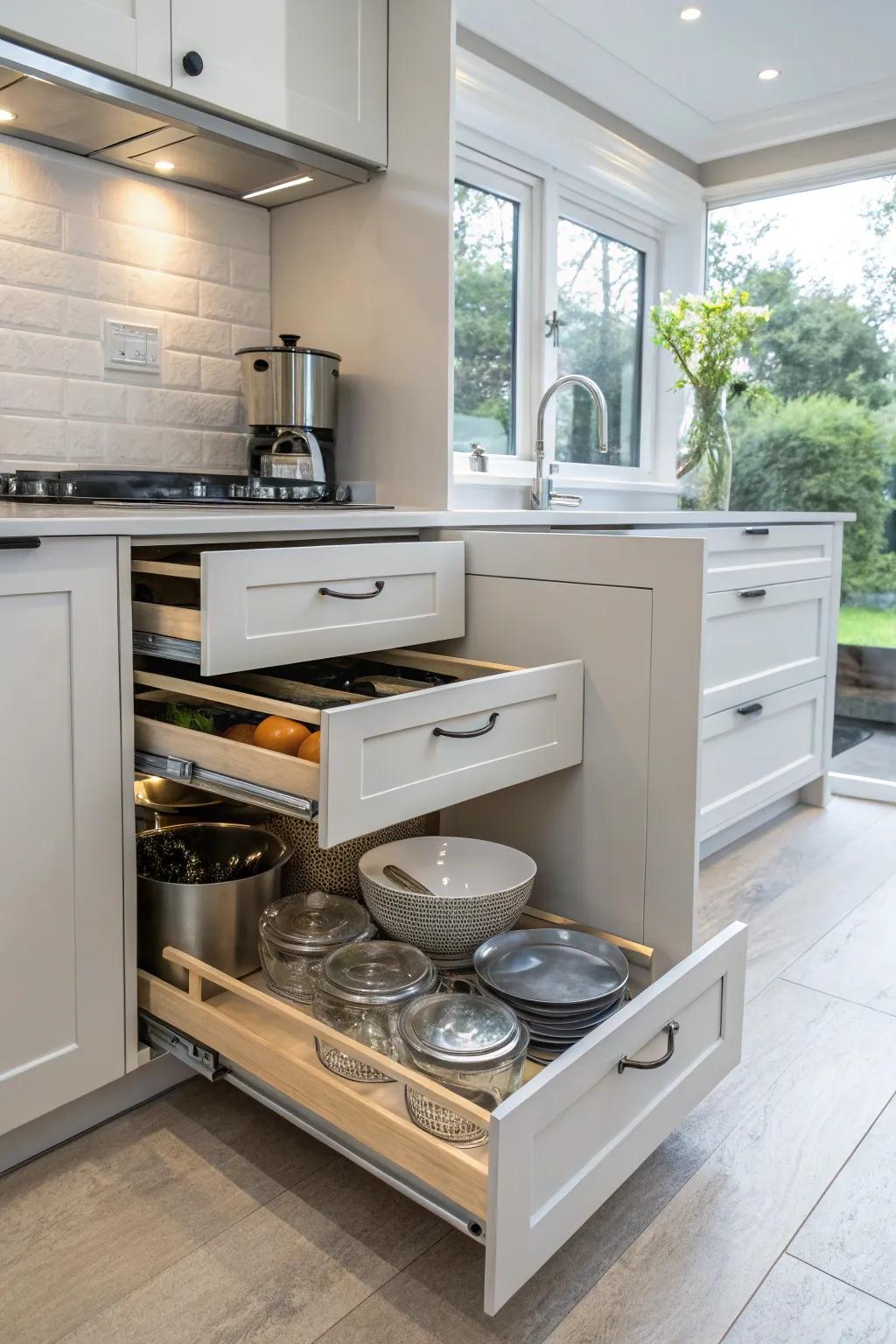 Intelligent storage solutions optimize area and accessibility in elevated cabinets.