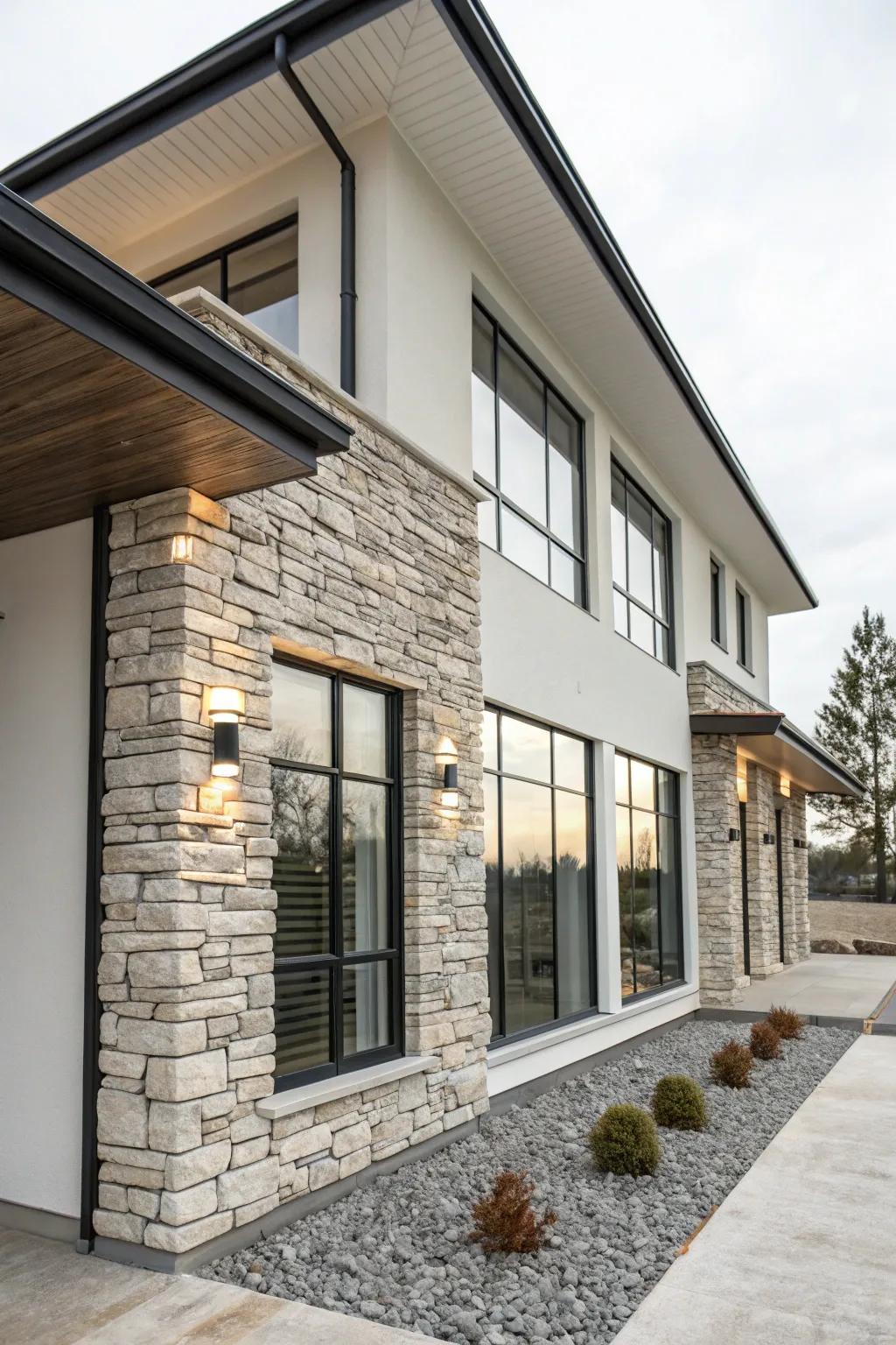 A minimalist frontage enhanced by polished stacked rock accents.