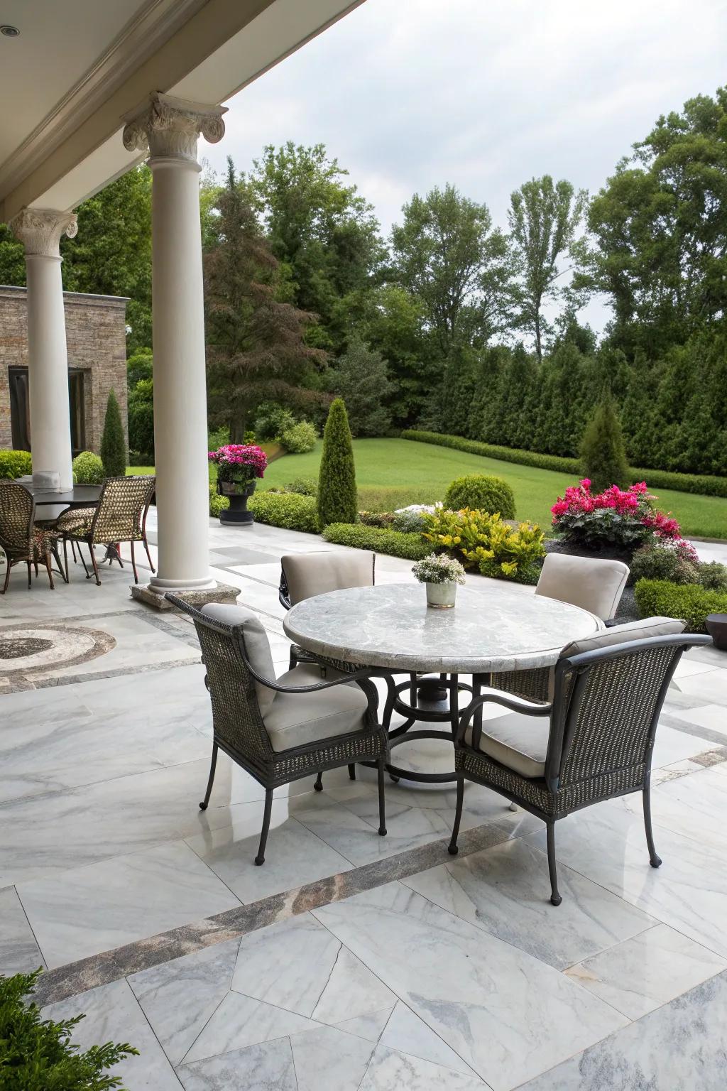 A luxurious marble-look patio achieved with concrete stains.
